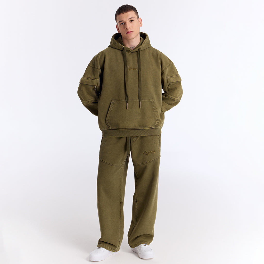 Haki Yıkamalı Kapüşonlu Oversize Cep Detaylı Sweatshirt