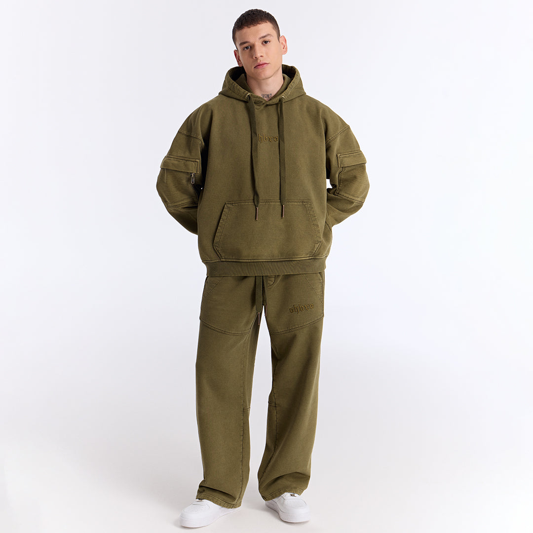Haki Yıkamalı Kapüşonlu Oversize Cep Detaylı Sweatshirt