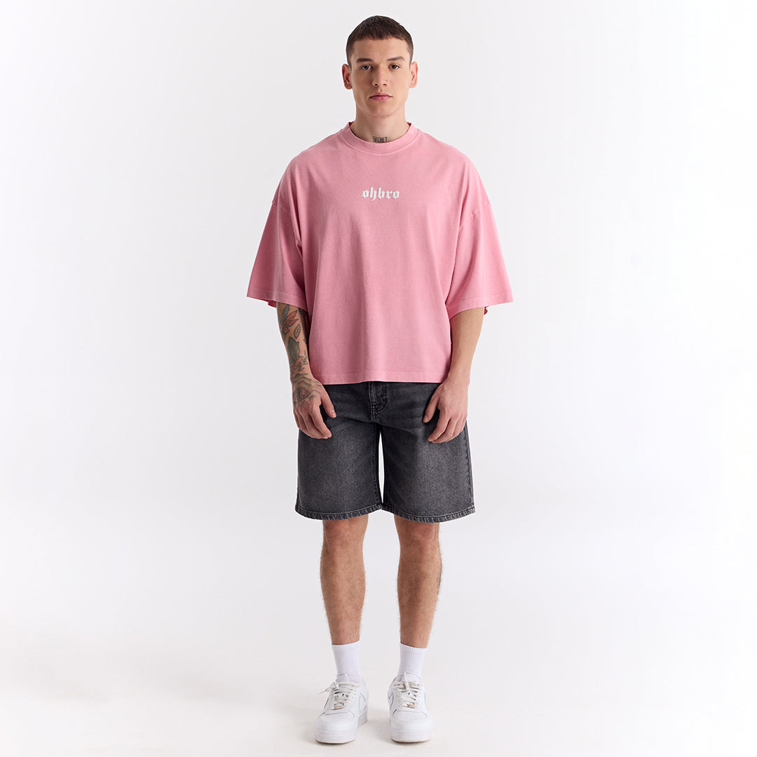 Açık Pembe Klasik Logo Super Oversize Crop Tişört