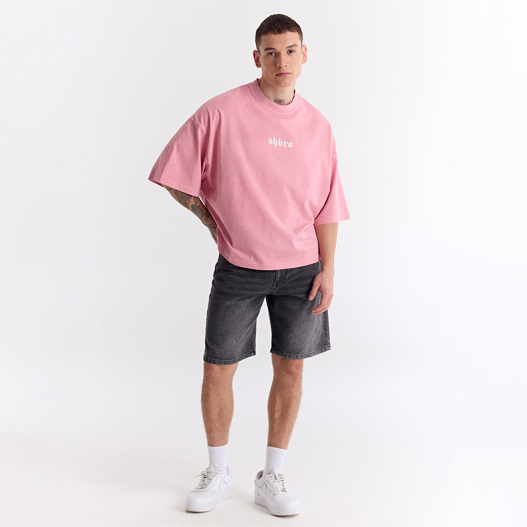 Açık Pembe Klasik Logo Super Oversize Crop Tişört