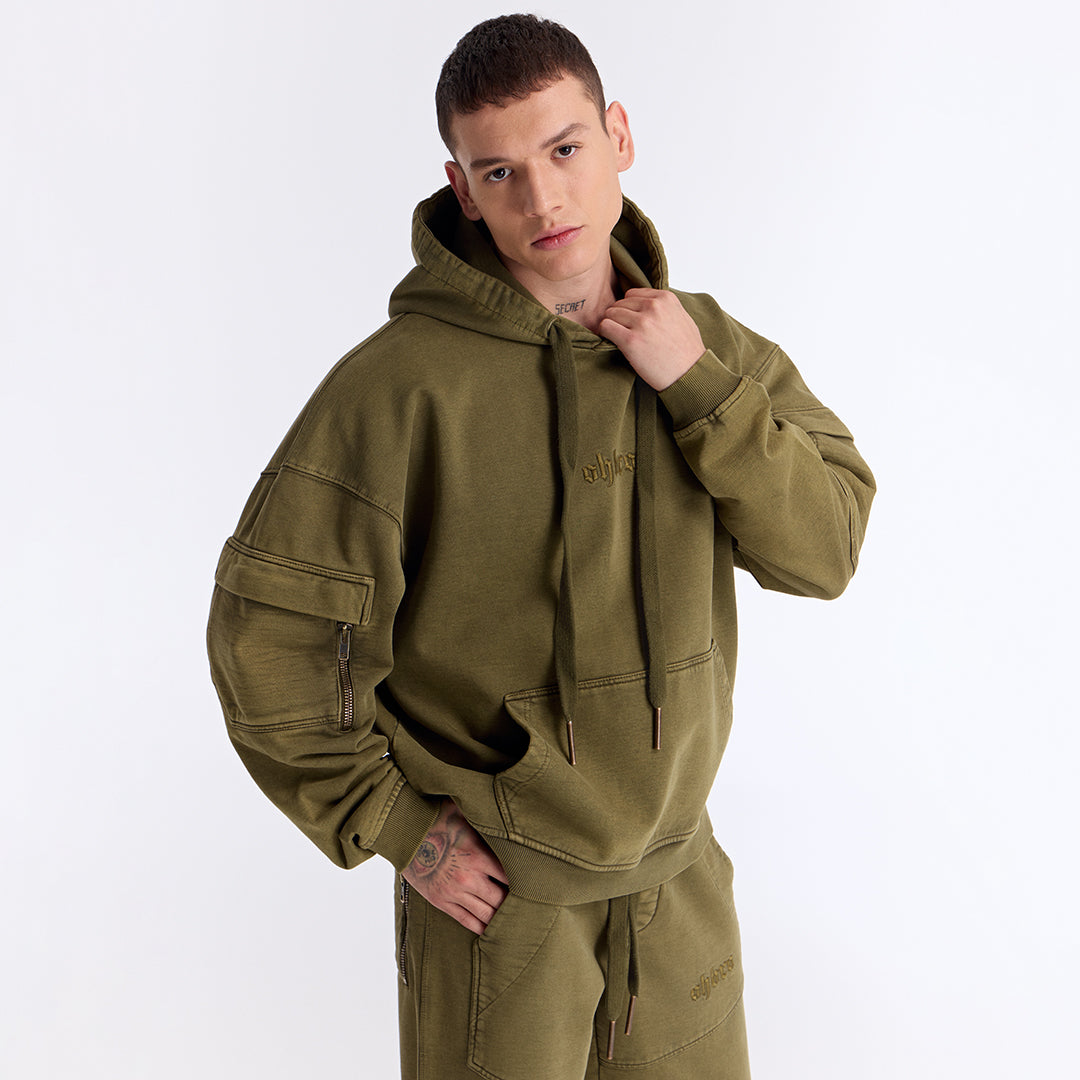 Haki Yıkamalı Kapüşonlu Oversize Cep Detaylı Sweatshirt