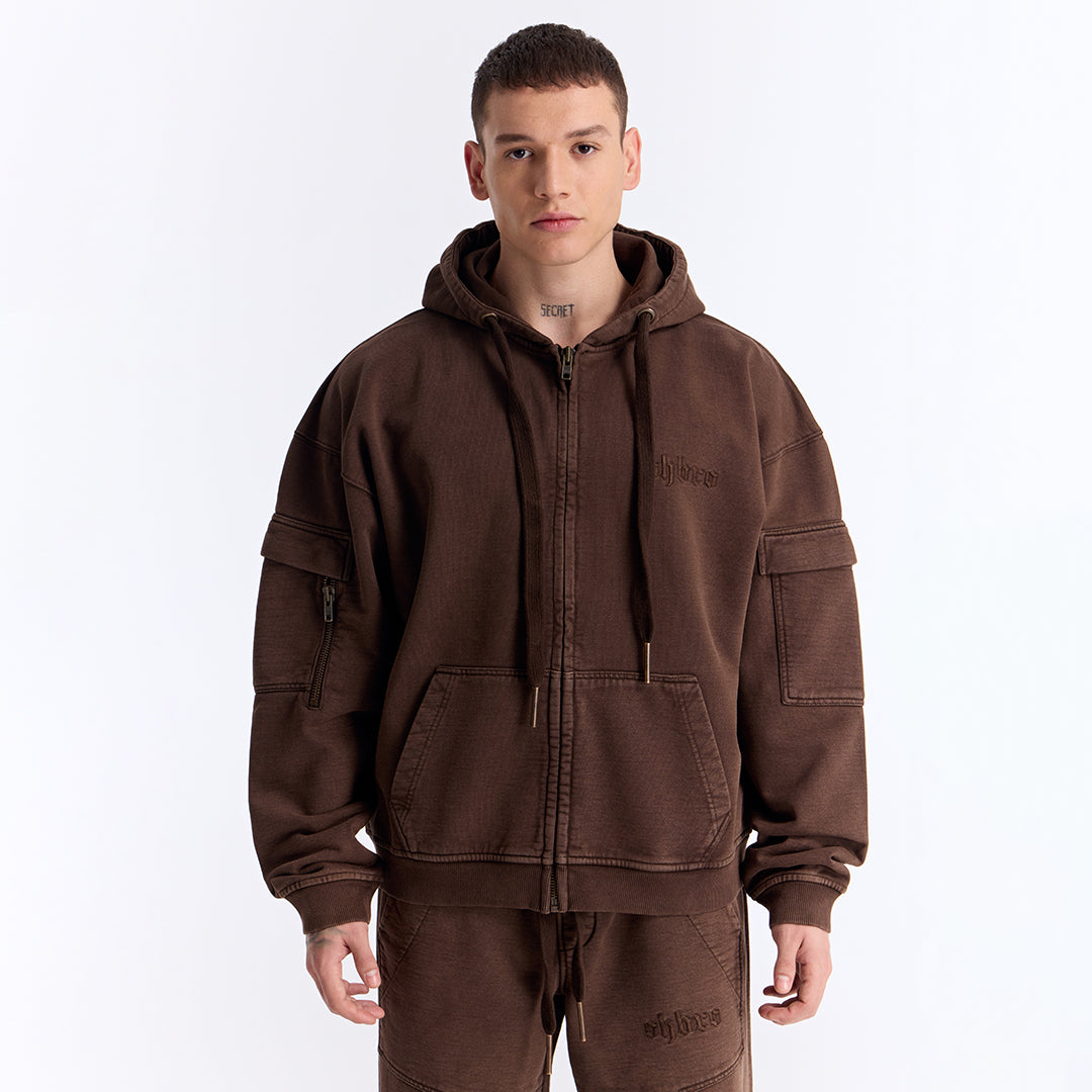 Kahverengi Yıkamalı Kapüşonlu Fermuarlı Oversize Cep Detaylı Sweatshirt