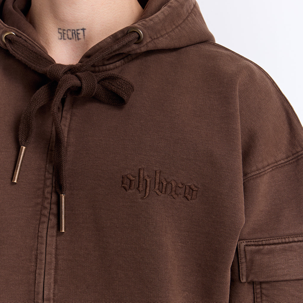 Kahverengi Yıkamalı Kapüşonlu Fermuarlı Oversize Cep Detaylı Sweatshirt