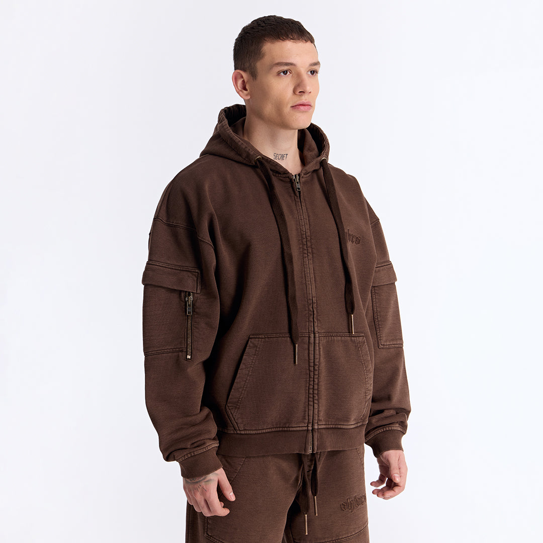 Kahverengi Yıkamalı Kapüşonlu Fermuarlı Oversize Cep Detaylı Sweatshirt