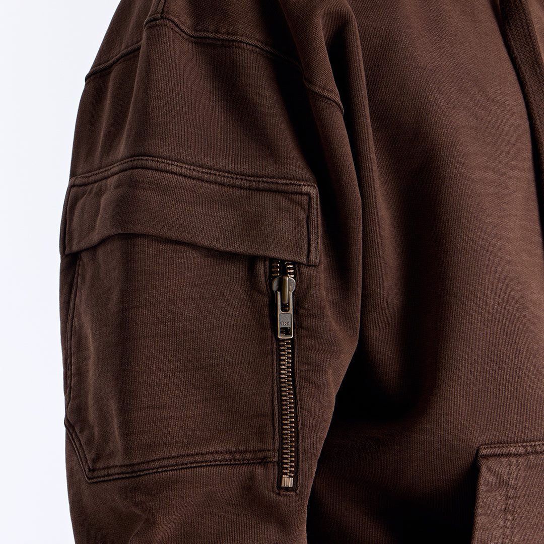 Kahverengi Yıkamalı Kapüşonlu Fermuarlı Oversize Cep Detaylı Sweatshirt