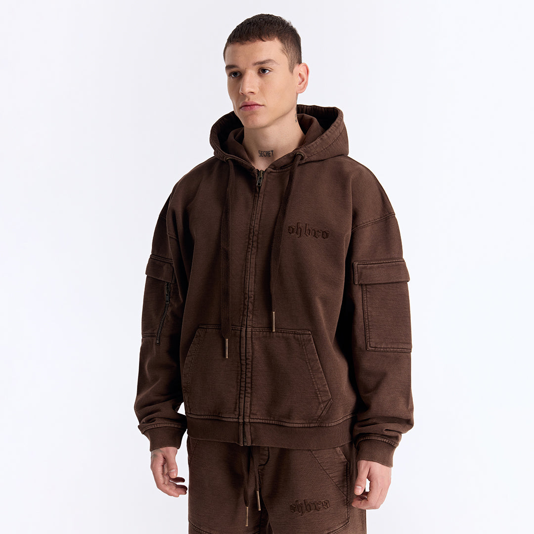 Kahverengi Yıkamalı Kapüşonlu Fermuarlı Oversize Cep Detaylı Sweatshirt