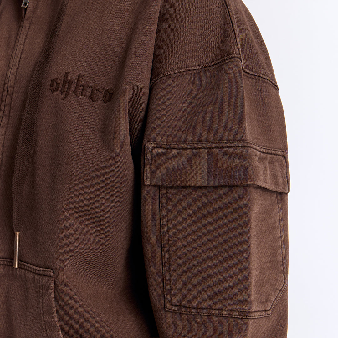Kahverengi Yıkamalı Kapüşonlu Fermuarlı Oversize Cep Detaylı Sweatshirt