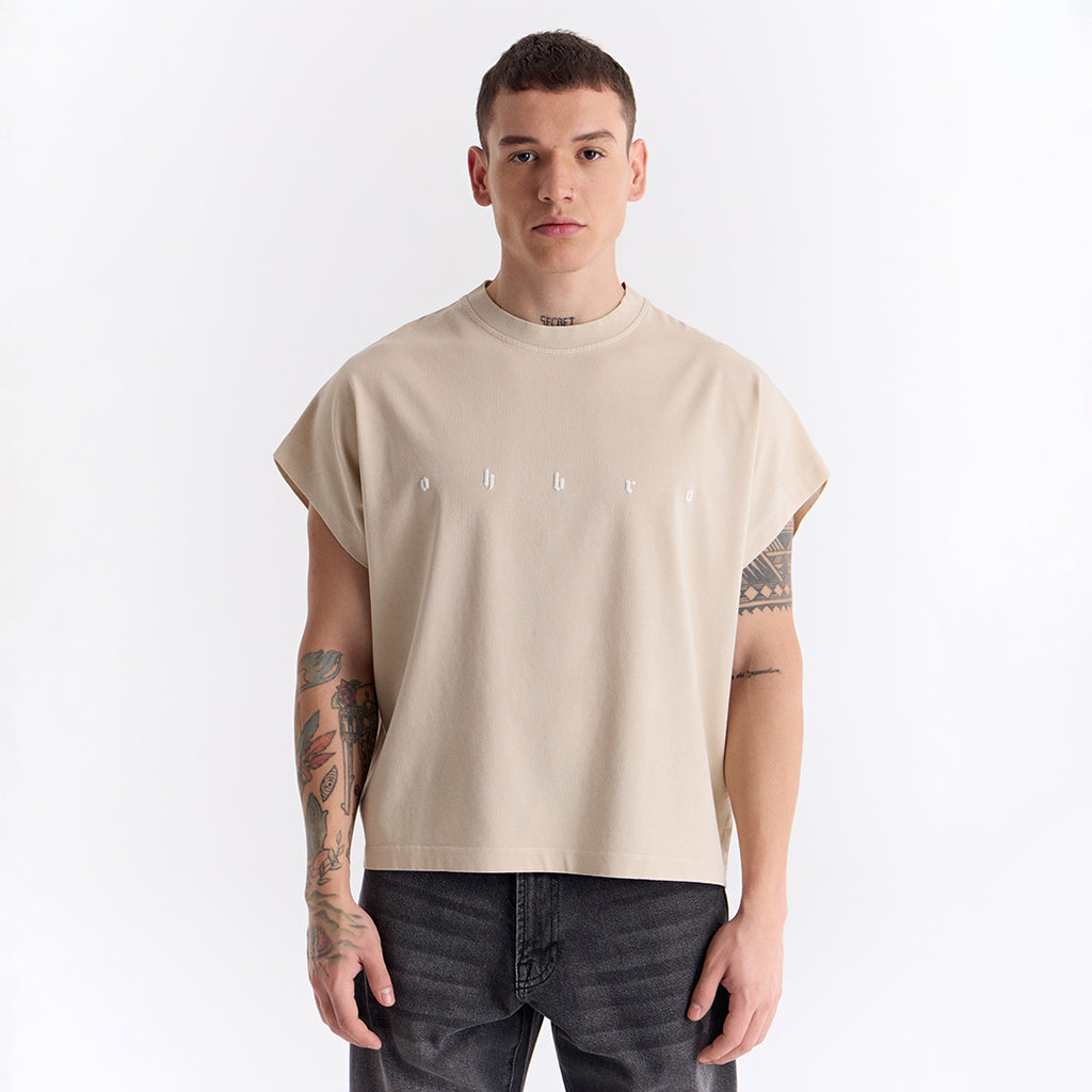 Bej Uzun Logo Super Oversize Crop Kolsuz Tişört