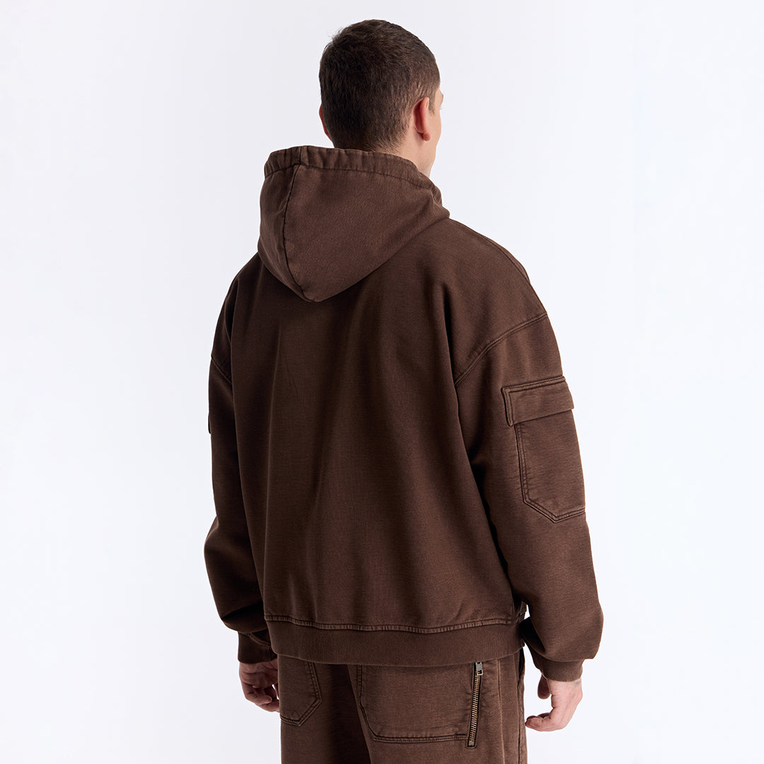 Kahverengi Yıkamalı Kapüşonlu Fermuarlı Oversize Cep Detaylı Sweatshirt