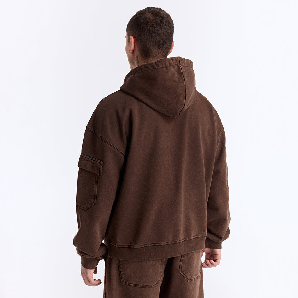 Kahverengi Yıkamalı Kapüşonlu Fermuarlı Oversize Cep Detaylı Sweatshirt