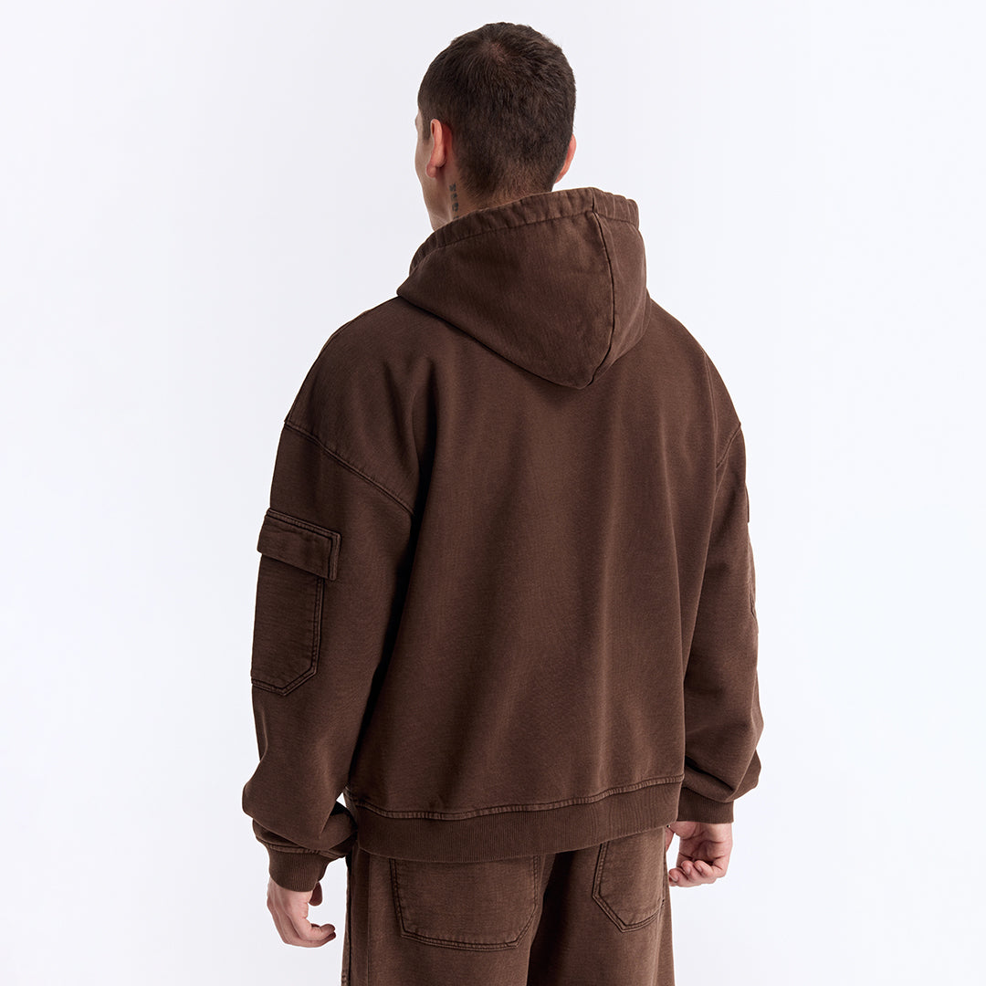 Kahverengi Yıkamalı Kapüşonlu Fermuarlı Oversize Cep Detaylı Sweatshirt