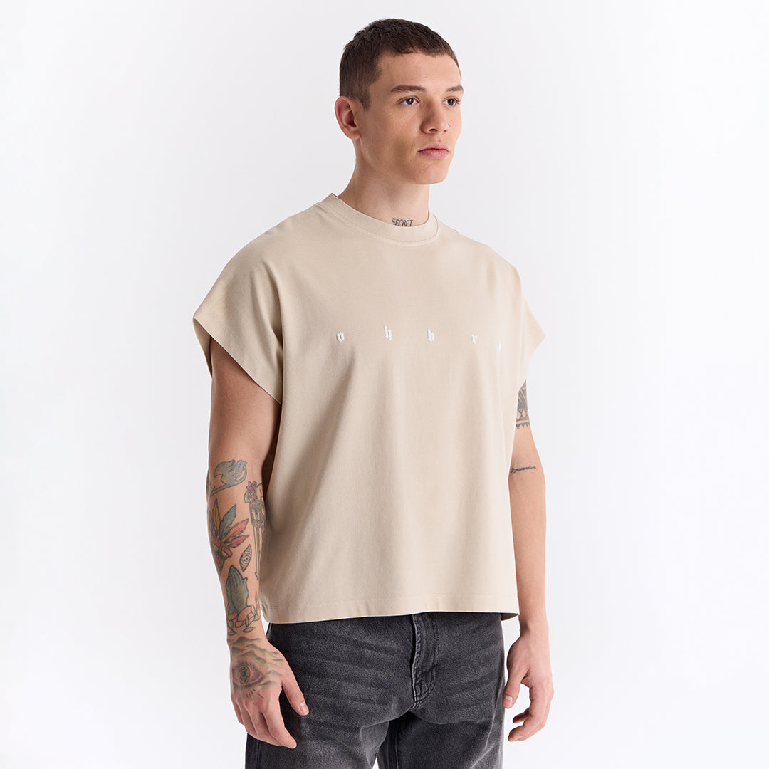 Bej Uzun Logo Super Oversize Crop Kolsuz Tişört