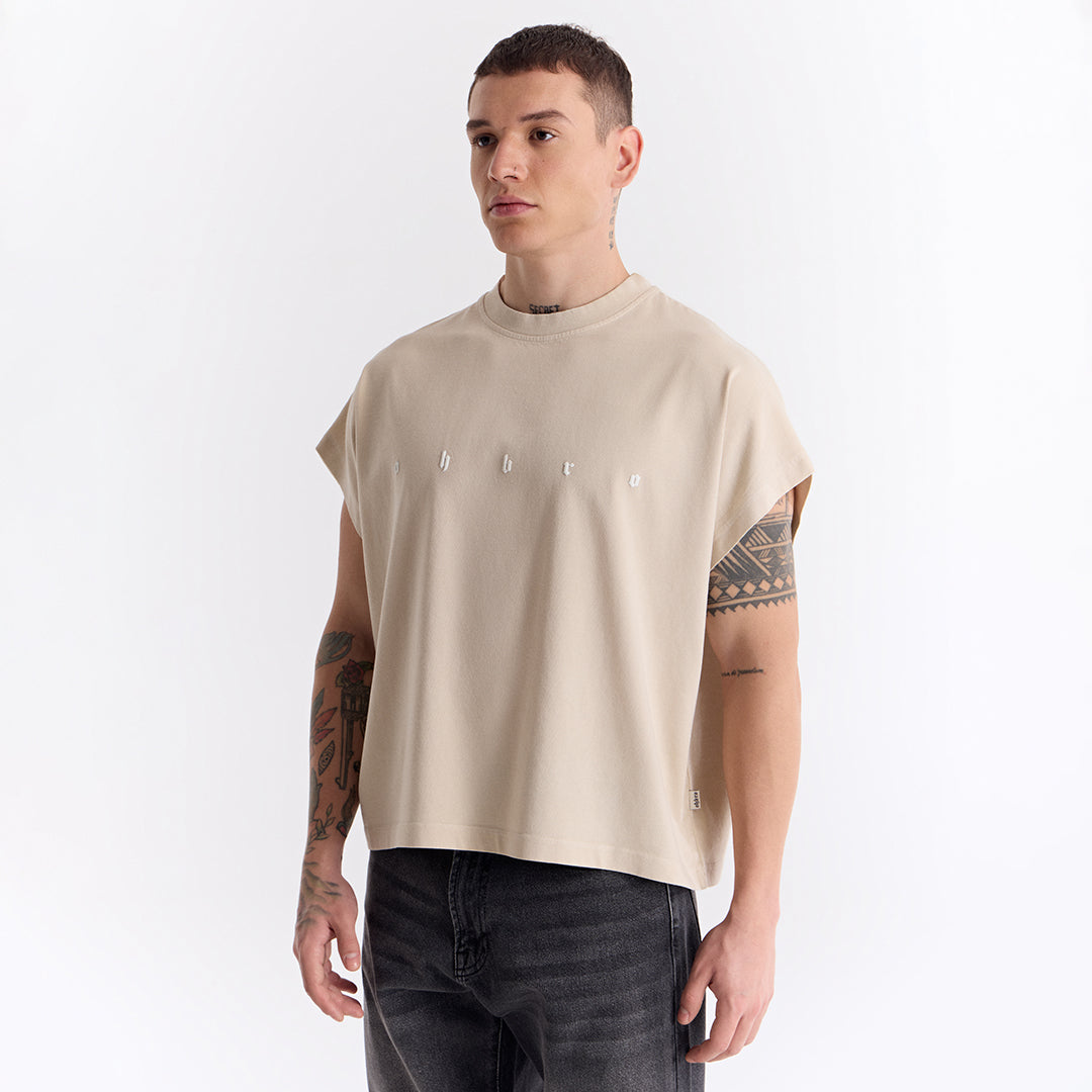 Bej Uzun Logo Super Oversize Crop Kolsuz Tişört