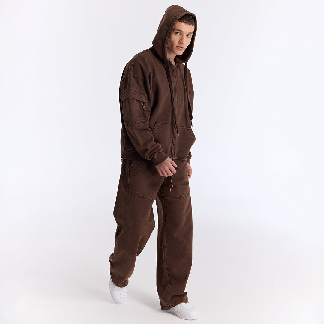 Kahverengi Yıkamalı Kapüşonlu Fermuarlı Oversize Cep Detaylı Sweatshirt