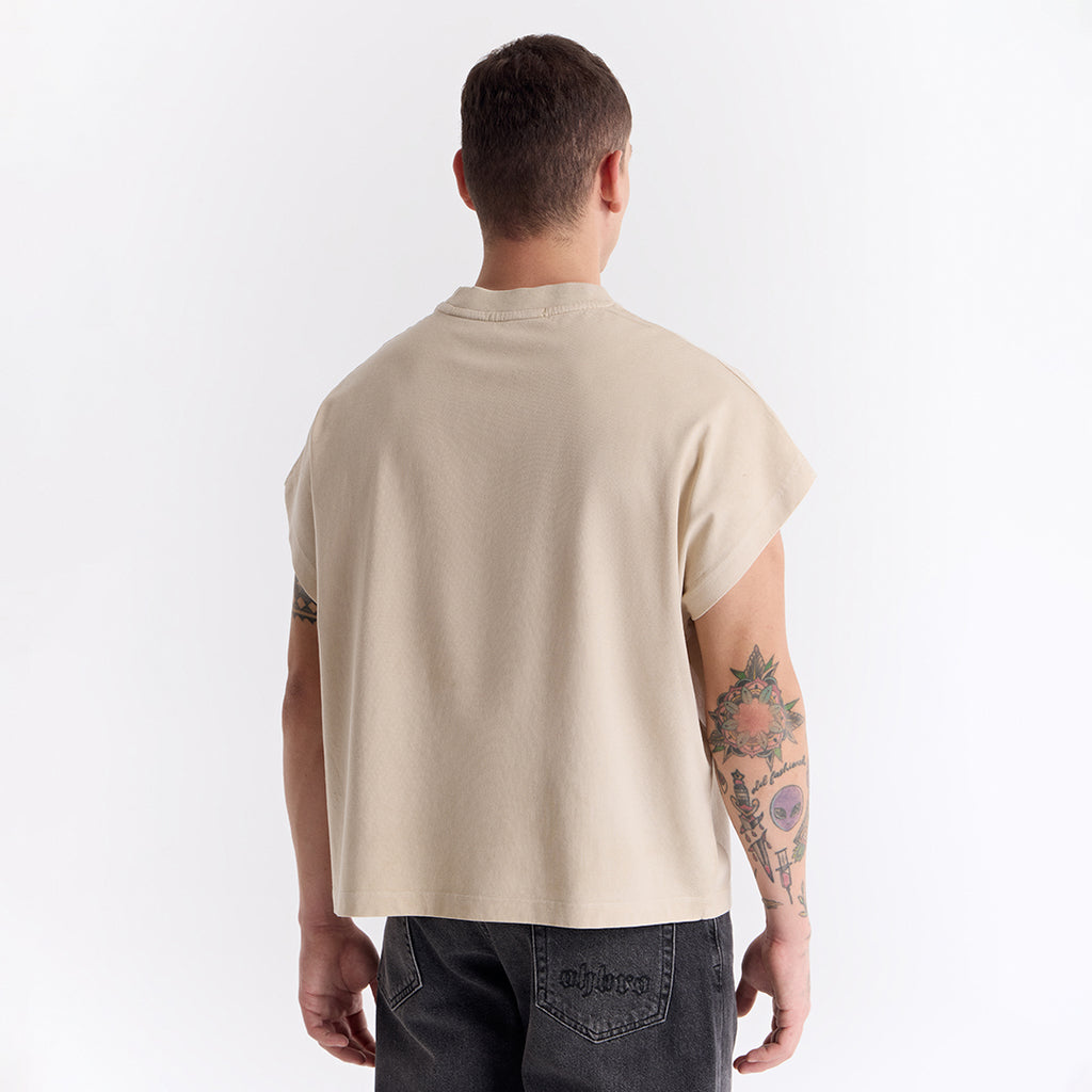 Bej Uzun Logo Super Oversize Crop Kolsuz Tişört