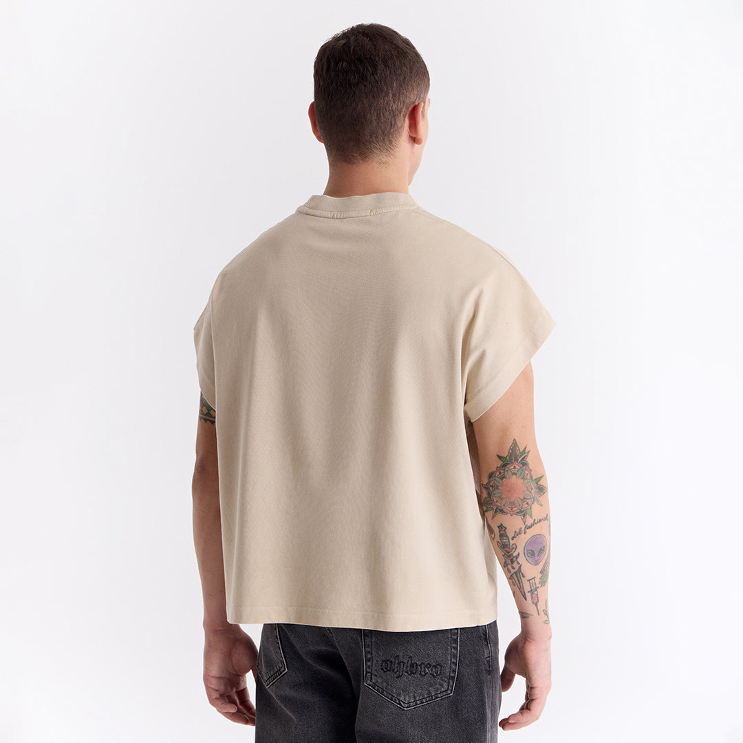 Bej Uzun Logo Super Oversize Crop Kolsuz Tişört