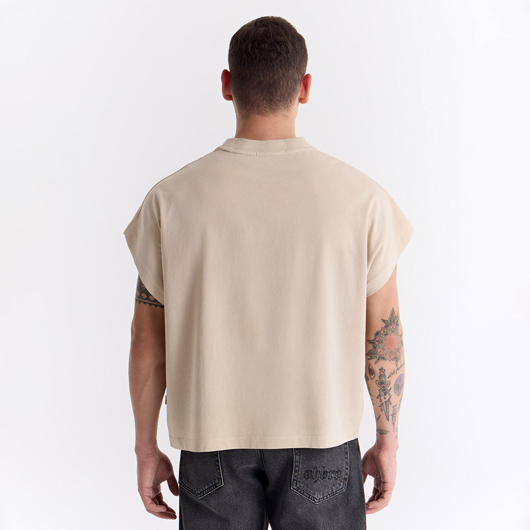 Bej Uzun Logo Super Oversize Crop Kolsuz Tişört