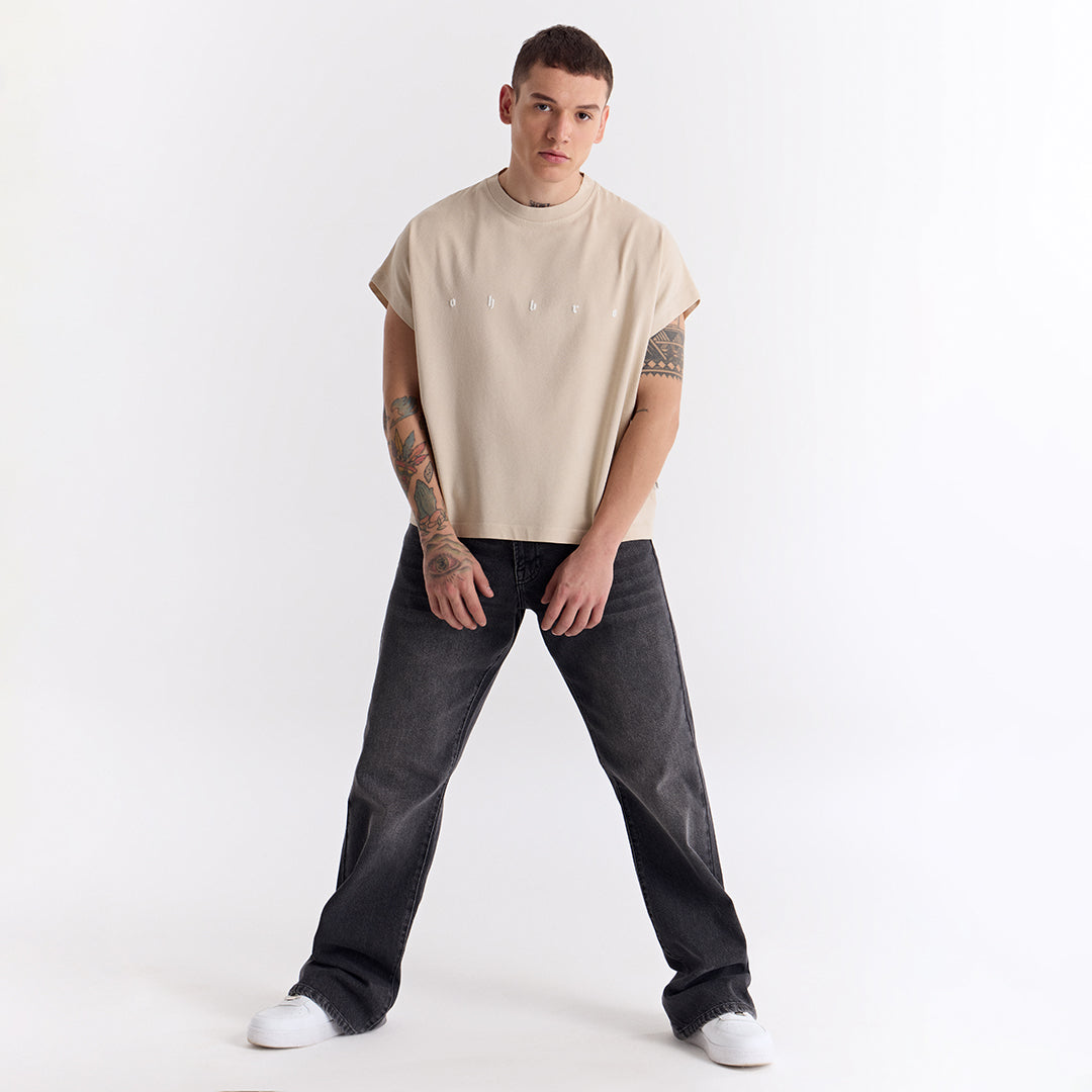 Bej Uzun Logo Super Oversize Crop Kolsuz Tişört