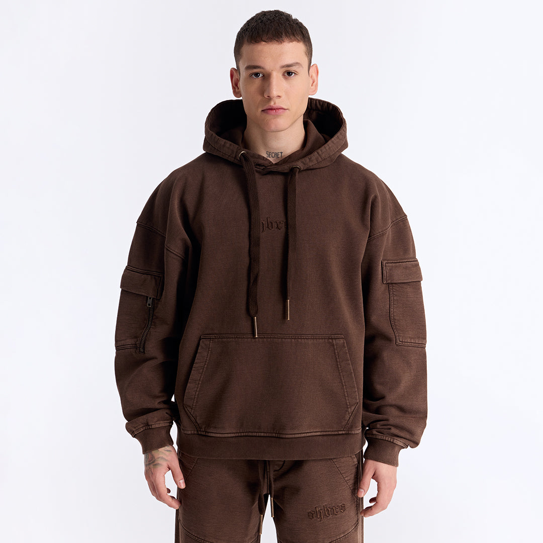Kahverengi Yıkamalı Kapüşonlu Oversize Cep Detaylı Sweatshirt