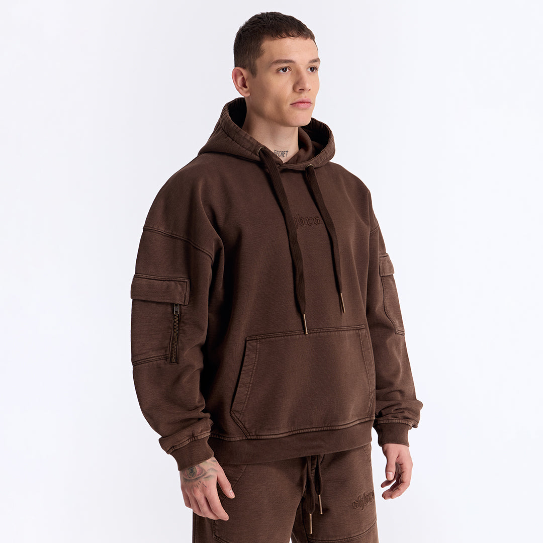 Kahverengi Yıkamalı Kapüşonlu Oversize Cep Detaylı Sweatshirt