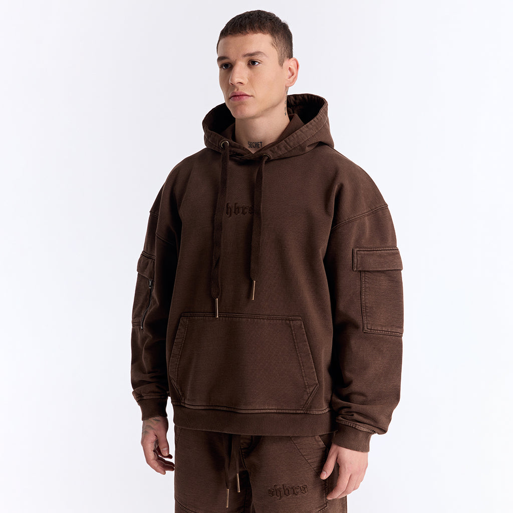 Kahverengi Yıkamalı Kapüşonlu Oversize Cep Detaylı Sweatshirt