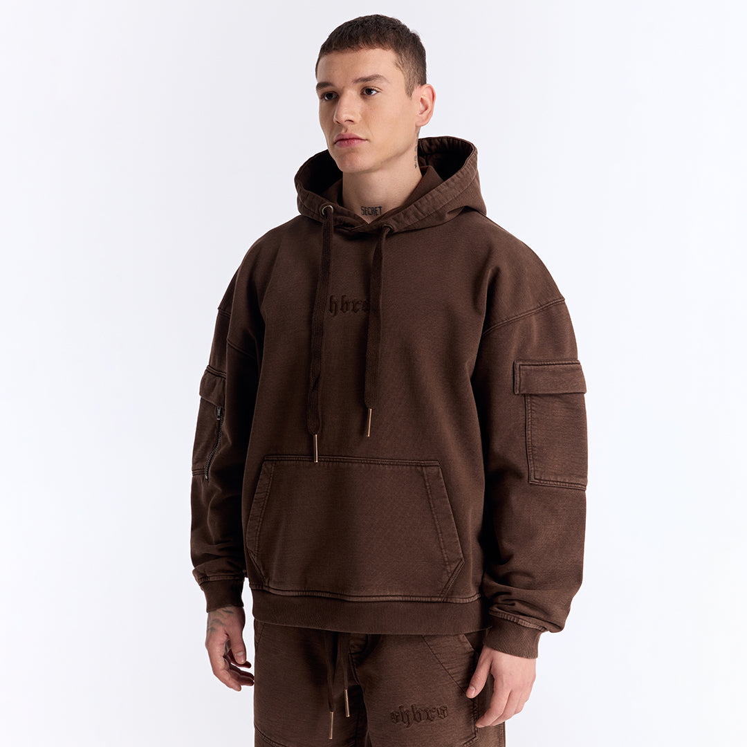 Kahverengi Yıkamalı Kapüşonlu Oversize Cep Detaylı Sweatshirt