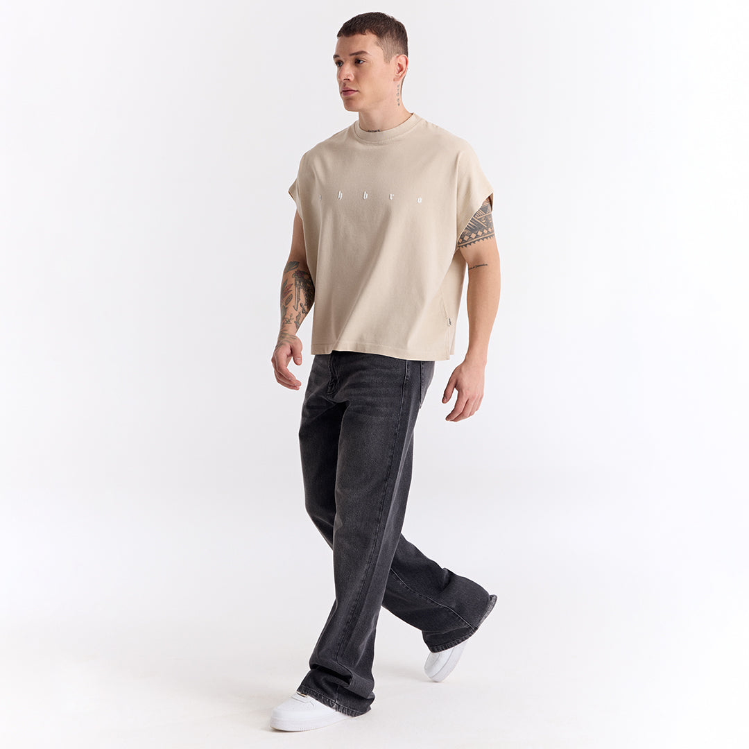 Bej Uzun Logo Super Oversize Crop Kolsuz Tişört