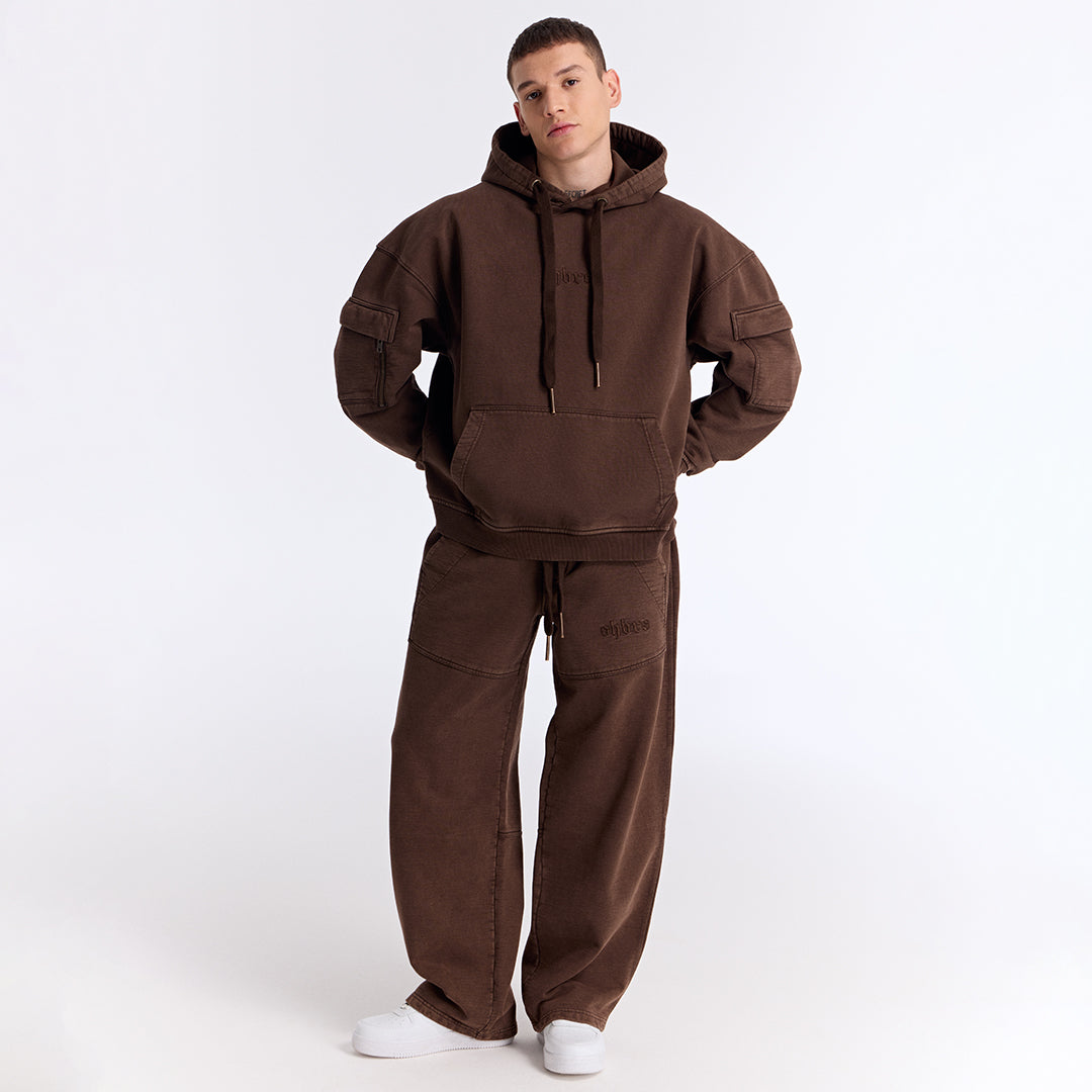 Kahverengi Yıkamalı Kapüşonlu Oversize Cep Detaylı Sweatshirt