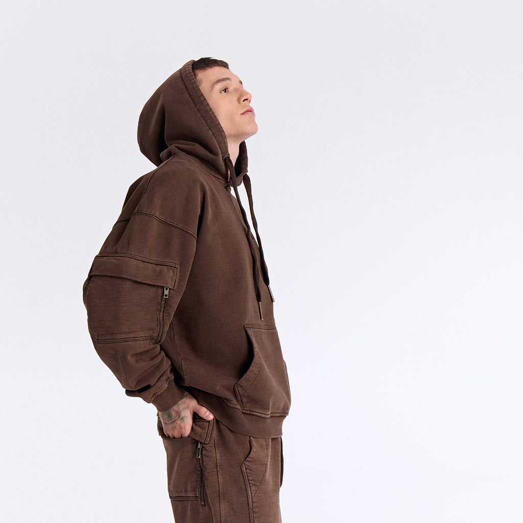 Kahverengi Yıkamalı Kapüşonlu Oversize Cep Detaylı Sweatshirt