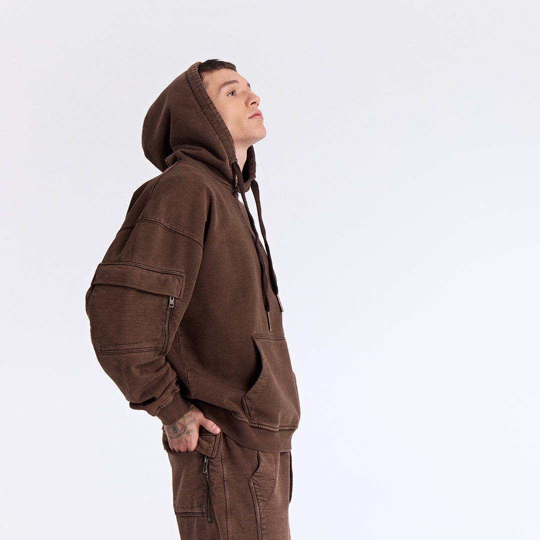 Kahverengi Yıkamalı Kapüşonlu Oversize Cep Detaylı Sweatshirt