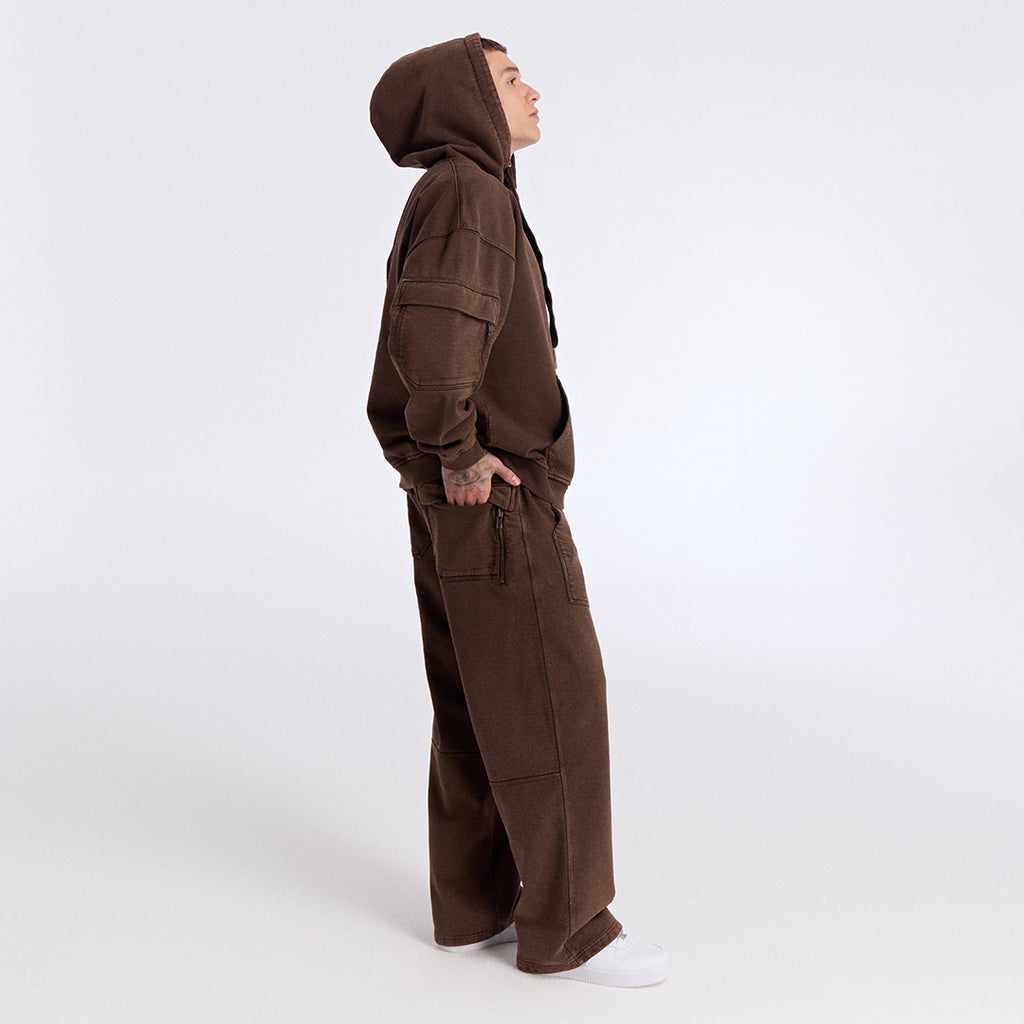 Kahverengi Yıkamalı Kapüşonlu Oversize Cep Detaylı Sweatshirt