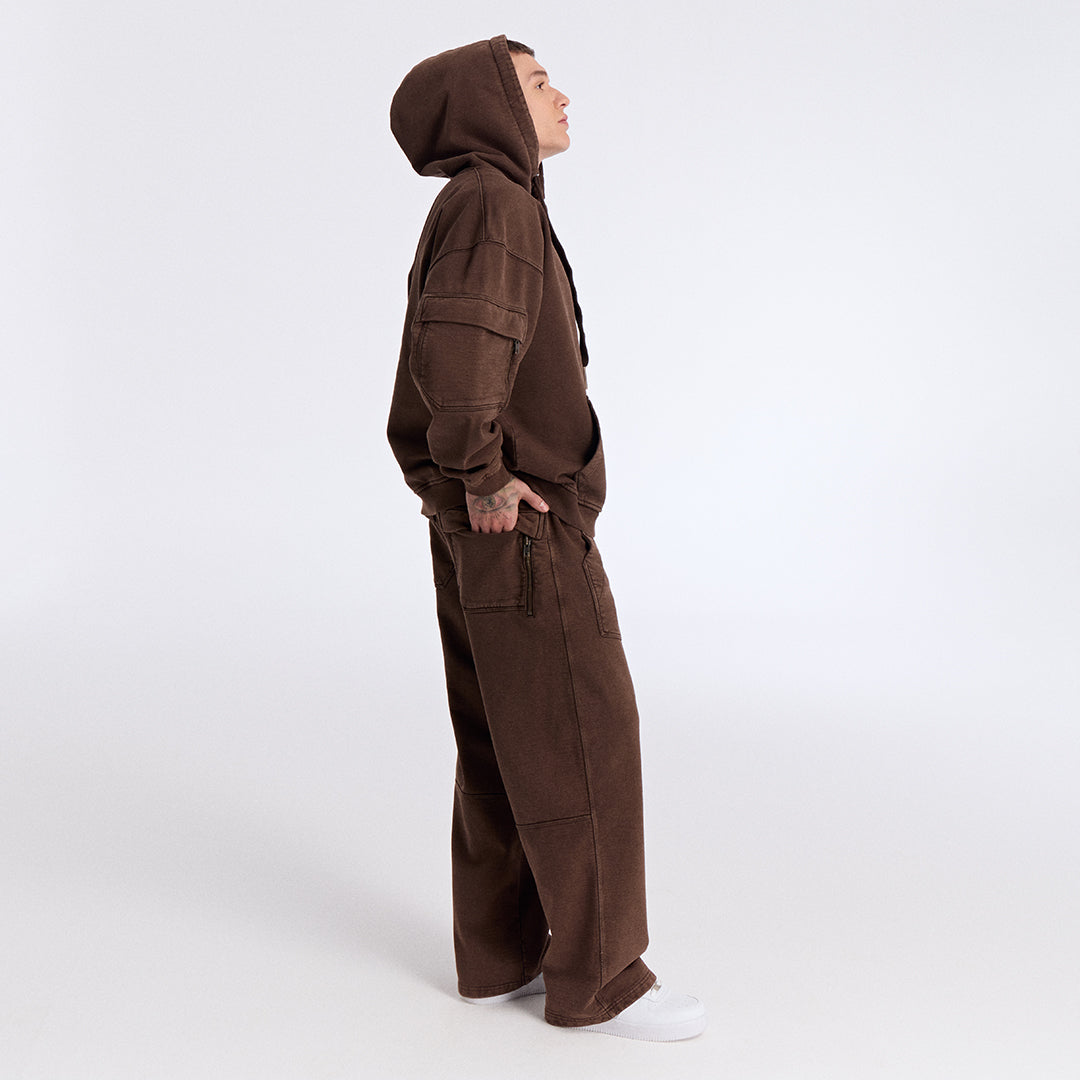 Kahverengi Yıkamalı Kapüşonlu Oversize Cep Detaylı Sweatshirt