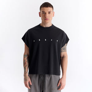 Siyah Uzun Logo Super Oversize Crop Kolsuz Tişört