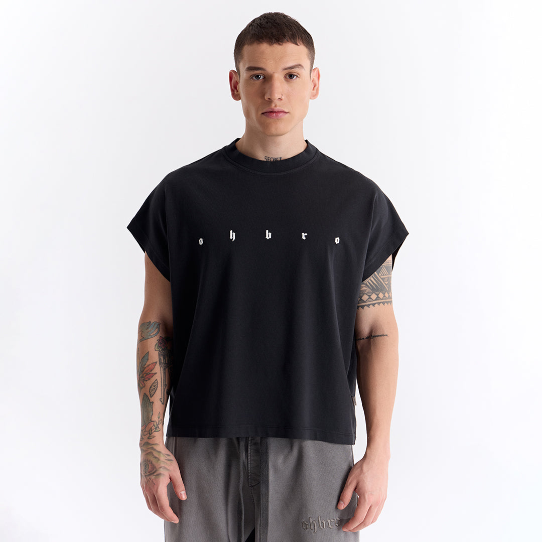 Siyah Uzun Logo Super Oversize Crop Kolsuz Tişört