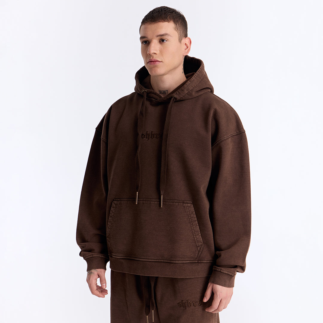 Kahverengi Yıkamalı Kapüşonlu Oversize Sweatshirt