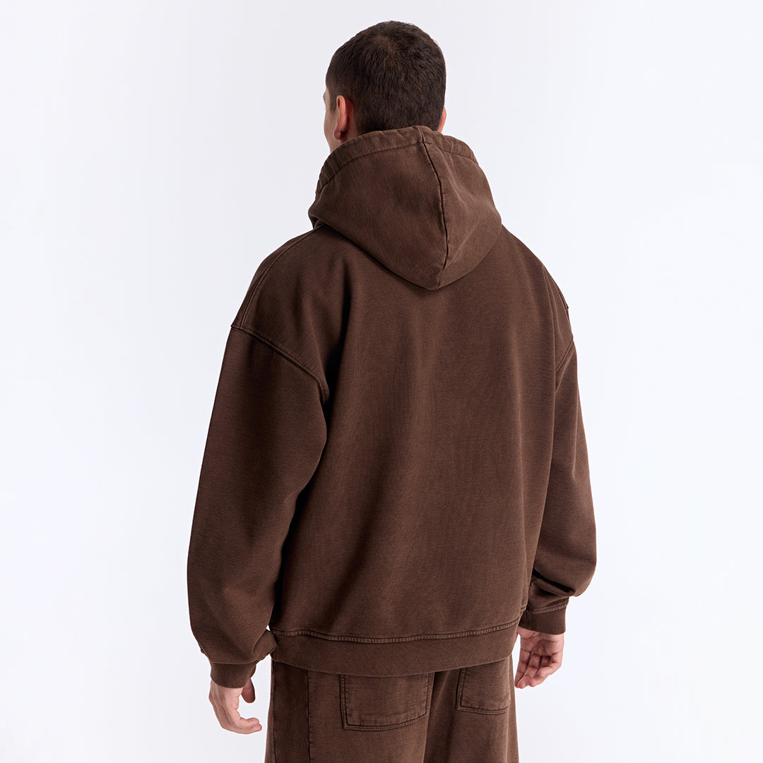 Kahverengi Yıkamalı Kapüşonlu Oversize Sweatshirt