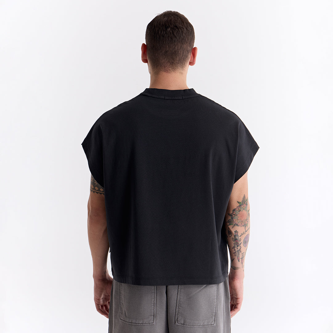 Siyah Uzun Logo Super Oversize Crop Kolsuz Tişört