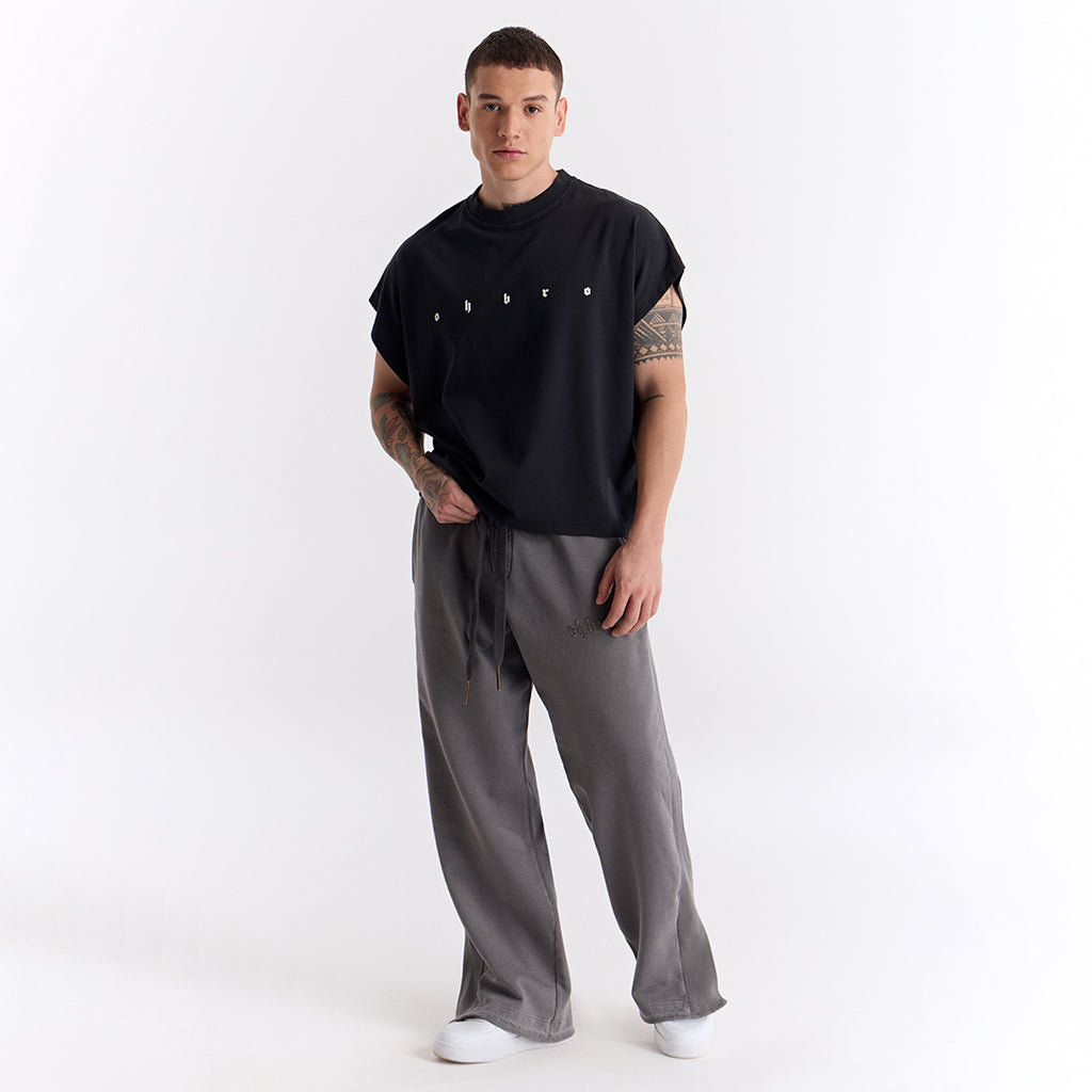 Siyah Uzun Logo Super Oversize Crop Kolsuz Tişört