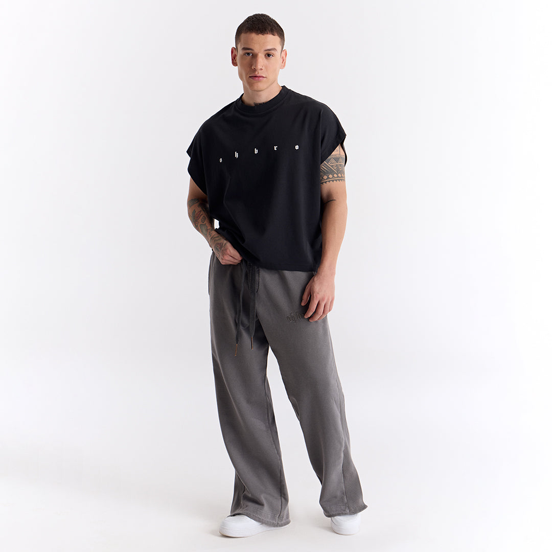 Siyah Uzun Logo Super Oversize Crop Kolsuz Tişört