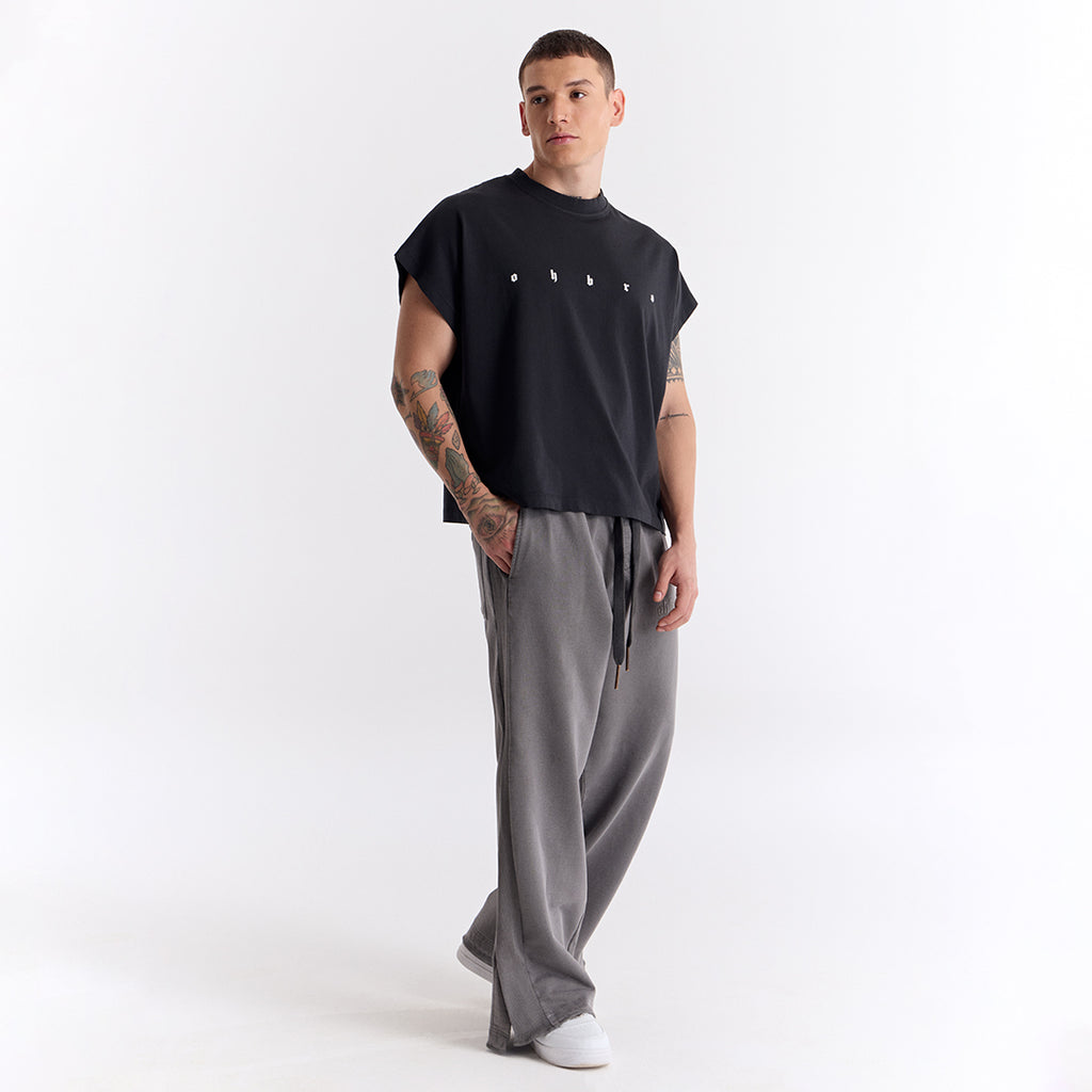 Siyah Uzun Logo Super Oversize Crop Kolsuz Tişört