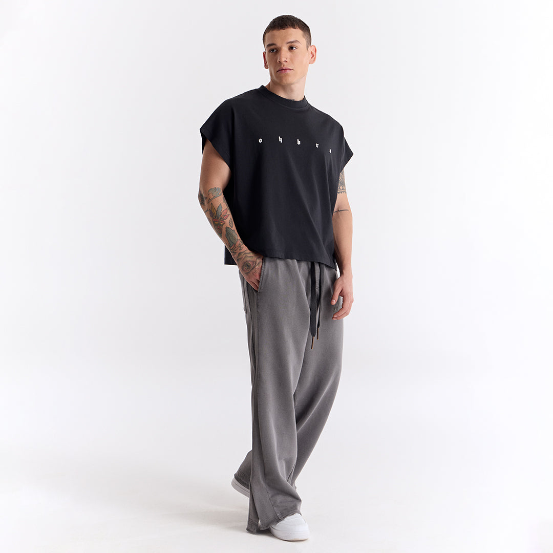 Siyah Uzun Logo Super Oversize Crop Kolsuz Tişört
