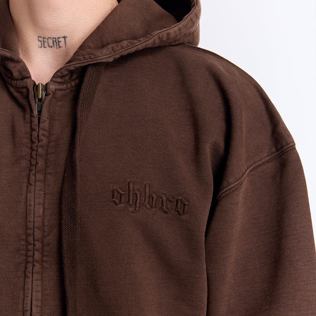 Kahverengi Yıkamalı Kapüşonlu Fermuarlı Oversize Sweatshirt