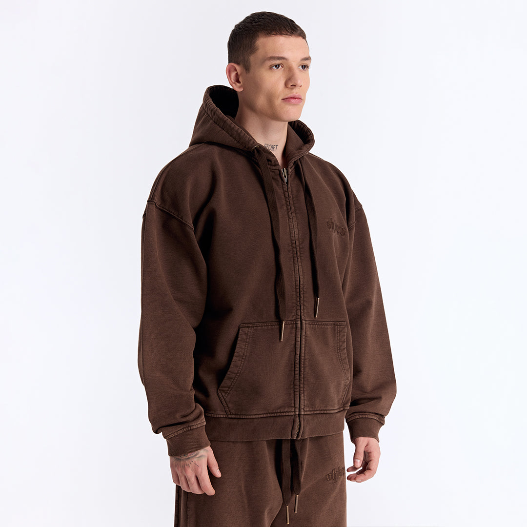 Kahverengi Yıkamalı Kapüşonlu Fermuarlı Oversize Sweatshirt