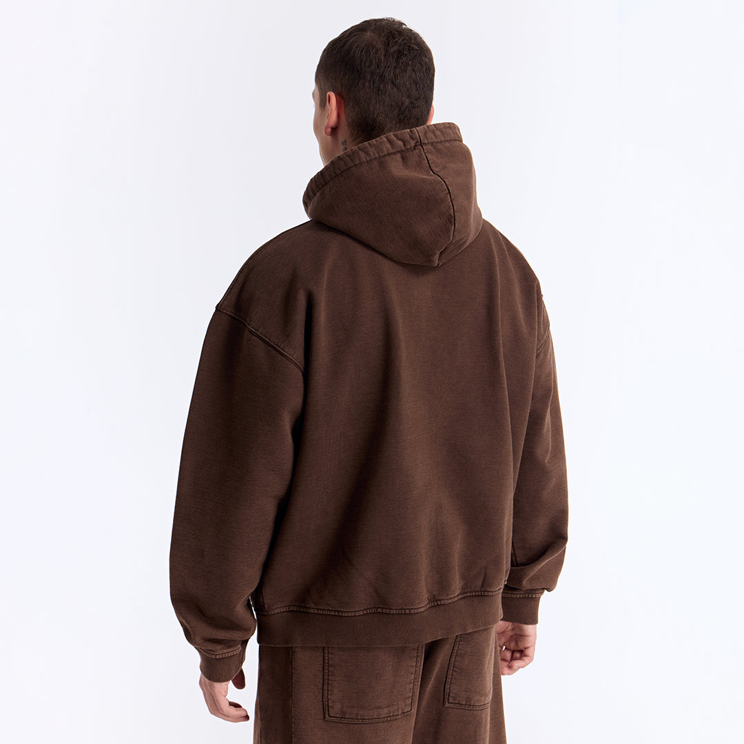 Kahverengi Yıkamalı Kapüşonlu Fermuarlı Oversize Sweatshirt