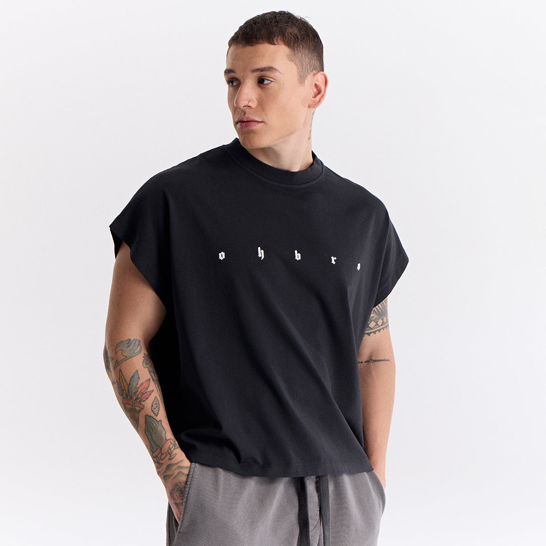 Siyah Uzun Logo Super Oversize Crop Kolsuz Tişört