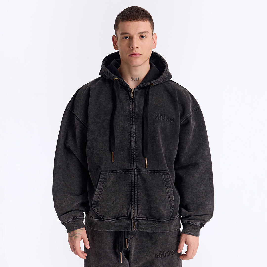 Siyah Yıkamalı Kapüşonlu Fermuarlı Oversize Sweatshirt