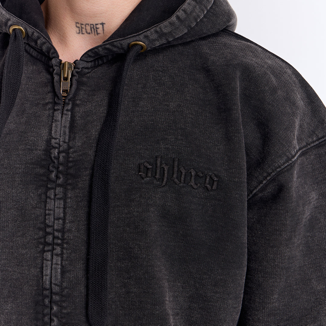 Siyah Yıkamalı Kapüşonlu Fermuarlı Oversize Sweatshirt