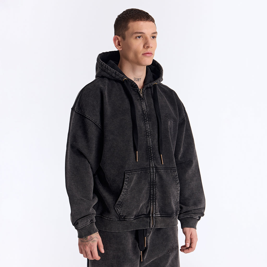Siyah Yıkamalı Kapüşonlu Fermuarlı Oversize Sweatshirt