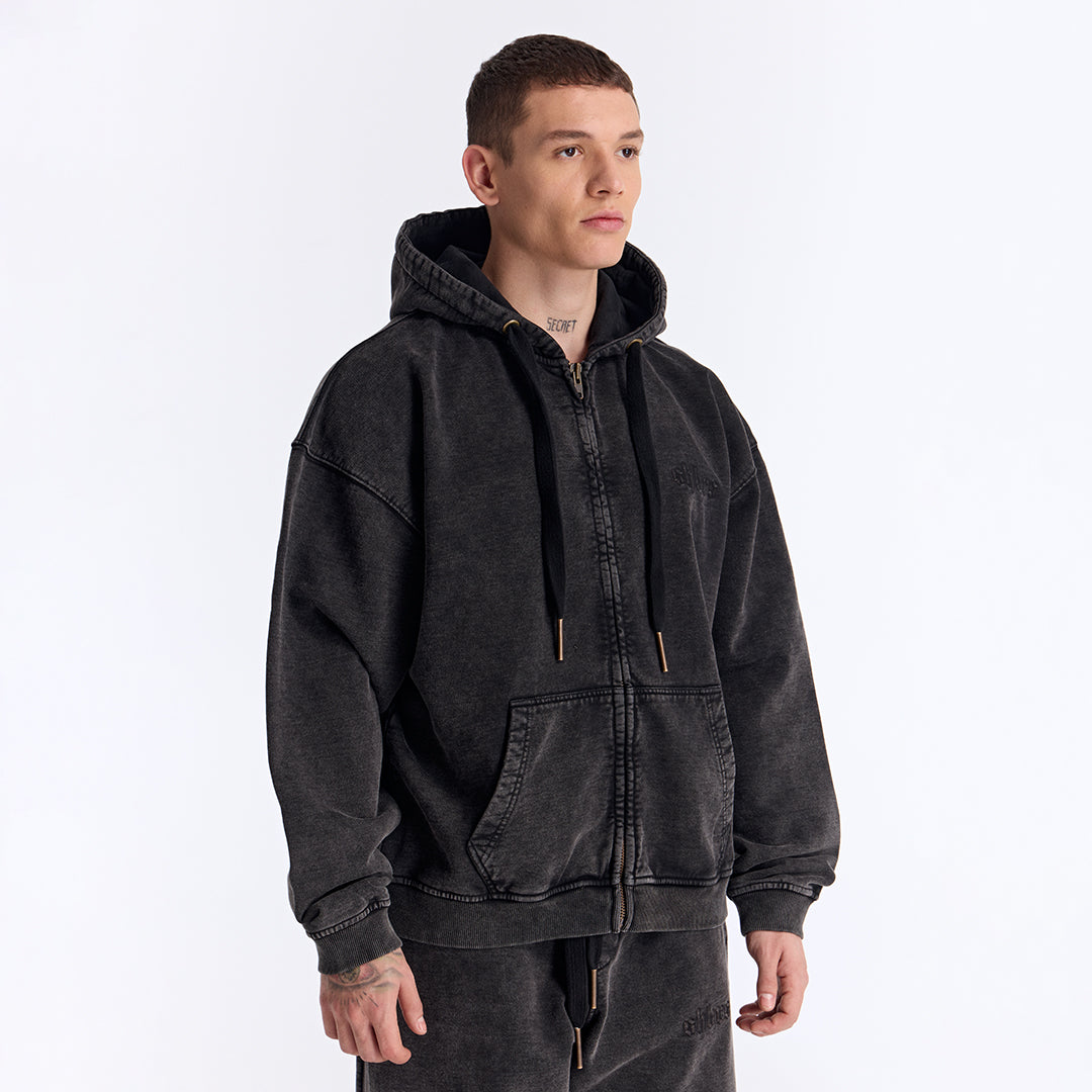 Siyah Yıkamalı Kapüşonlu Fermuarlı Oversize Sweatshirt