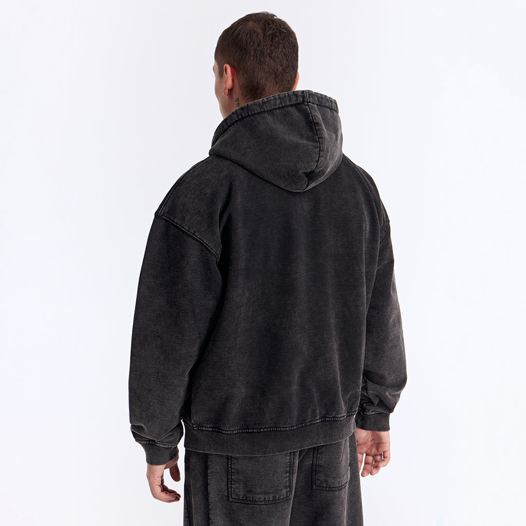 Siyah Yıkamalı Kapüşonlu Fermuarlı Oversize Sweatshirt